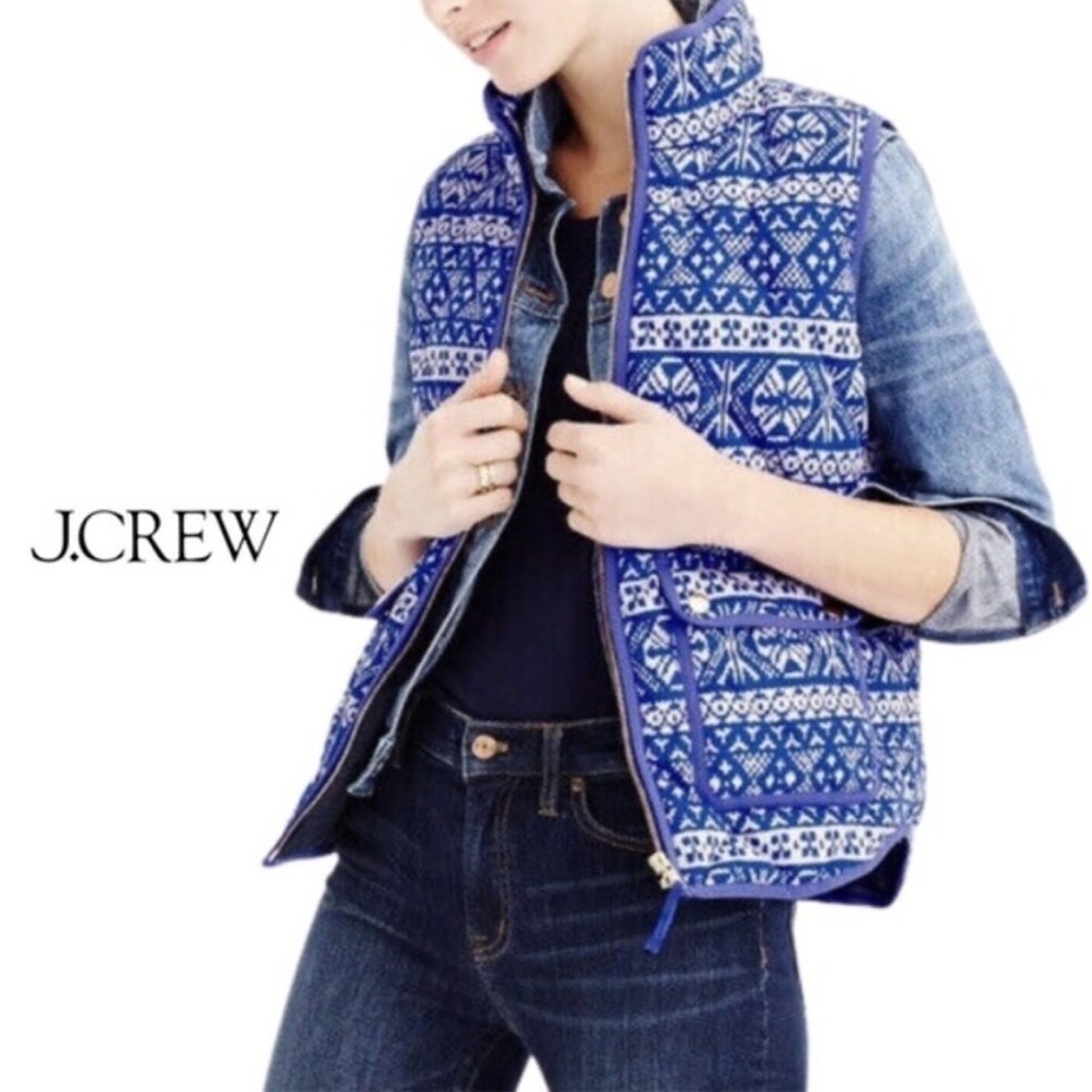 J.Crew Blue and White Quilted Fair Isle Vest